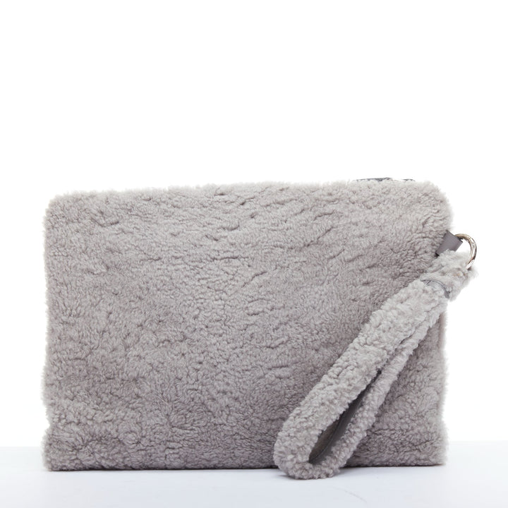 ERMENEGILDO ZEGNA grey lambskin shearling wrist strap zip clutch bag