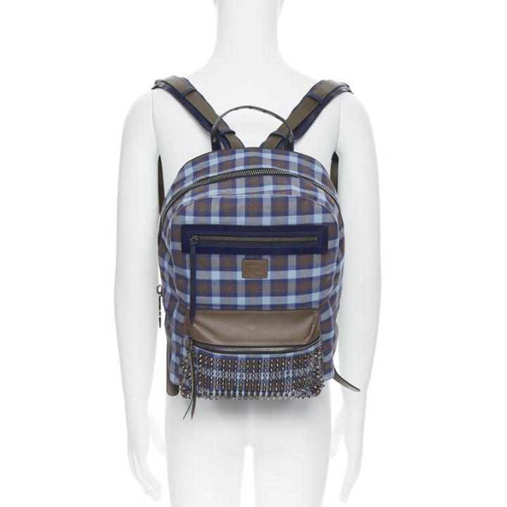 CHRISTIAN LOUBOUTIN Backloubi blue brown gingham check spike stud backpack bag