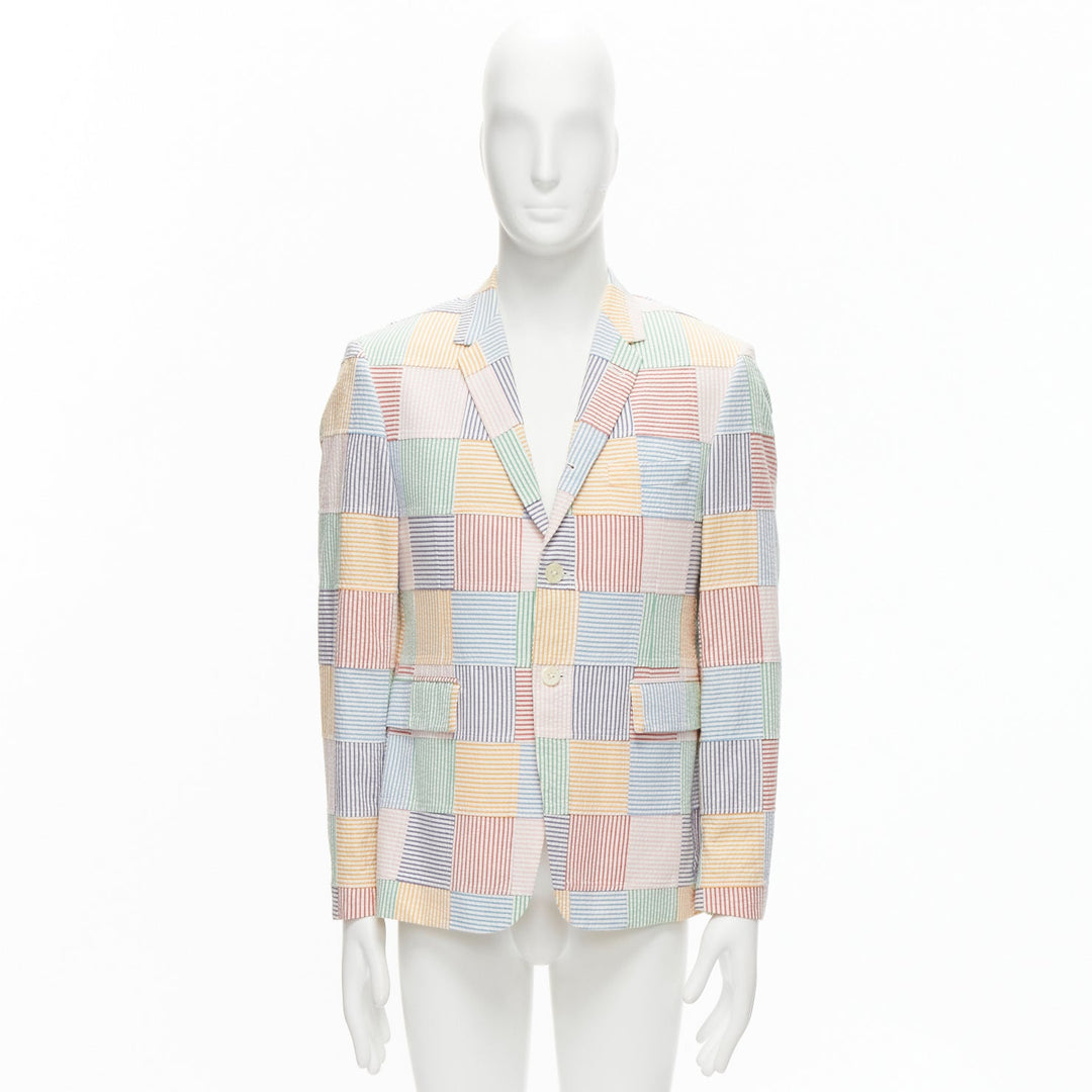 THOM BROWNE colourful stripes patchwork seersucker 2 button blazer jacket Sz 2 M