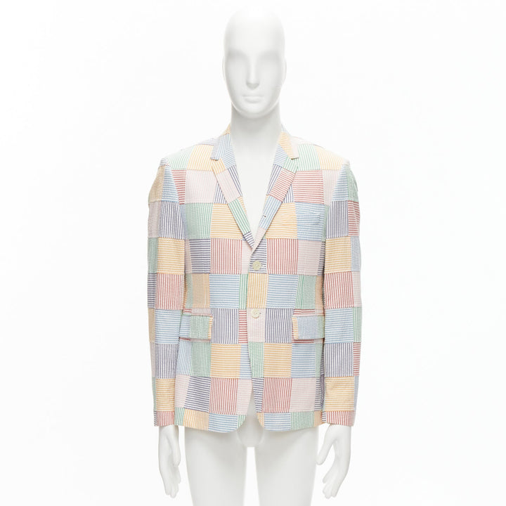 THOM BROWNE colourful stripes patchwork seersucker 2 button blazer jacket Sz 2 M