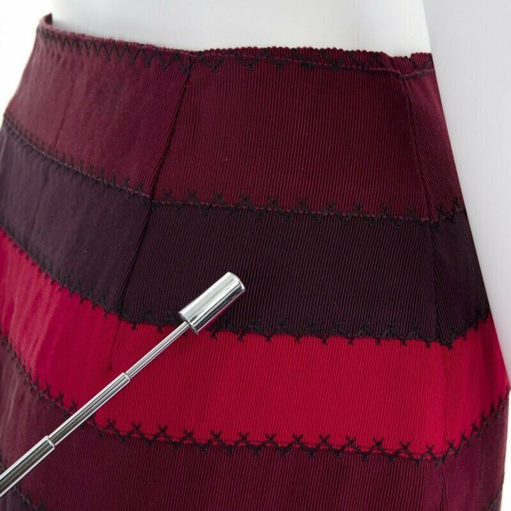 MARY KATRANTZOU red purple stripe ribbon overstitched fitted midi skirt UK8 26"