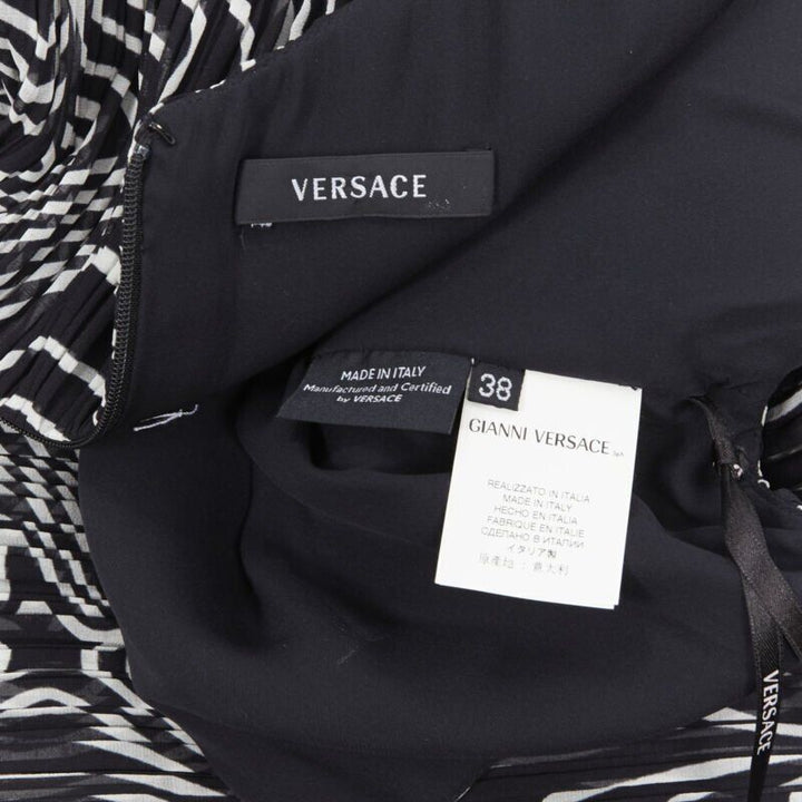 VERSACE 100% silk black white swirl print ruche pleated cocktail dress IT38 S