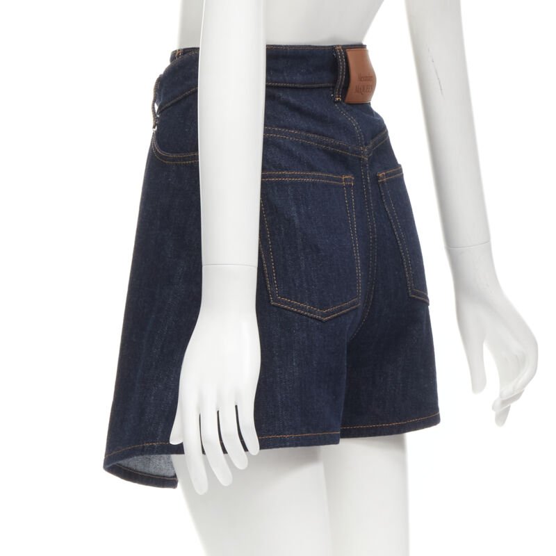 ALEXANDER MCQUEEN blue denim double waistband logo patch layered shorts 24"