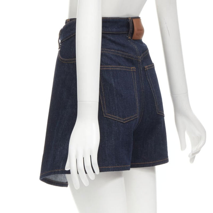ALEXANDER MCQUEEN blue denim double waistband logo patch layered shorts 24"