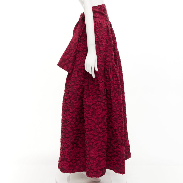 ANAIS JOURDEN red cotton blend floral 3D jacquard tie full gown skirt FR36 S