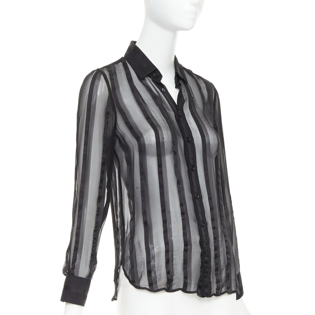 SAINT LAURENT 2013 black 100% silk vertical stripes sheer collared shirt FR36 S
