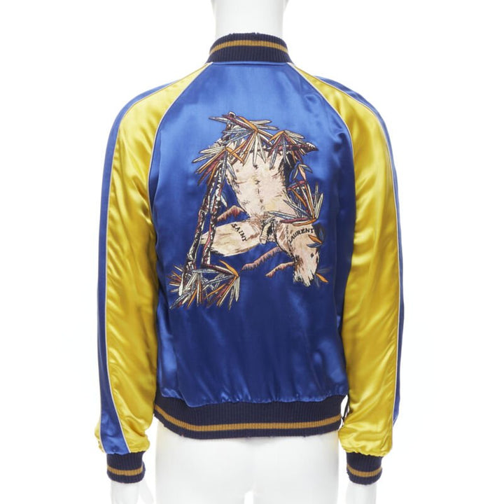 Runway SAINT LAURENT '18 Reversible yellow blue bird embroidery bomber EU48