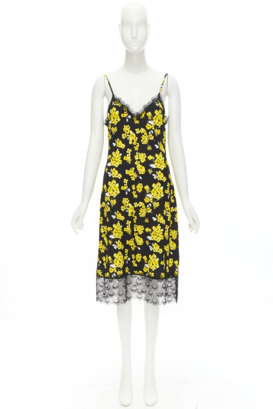 MICHAEL MICHAEL KORS black yellow floral print lace trimmed summer dress M