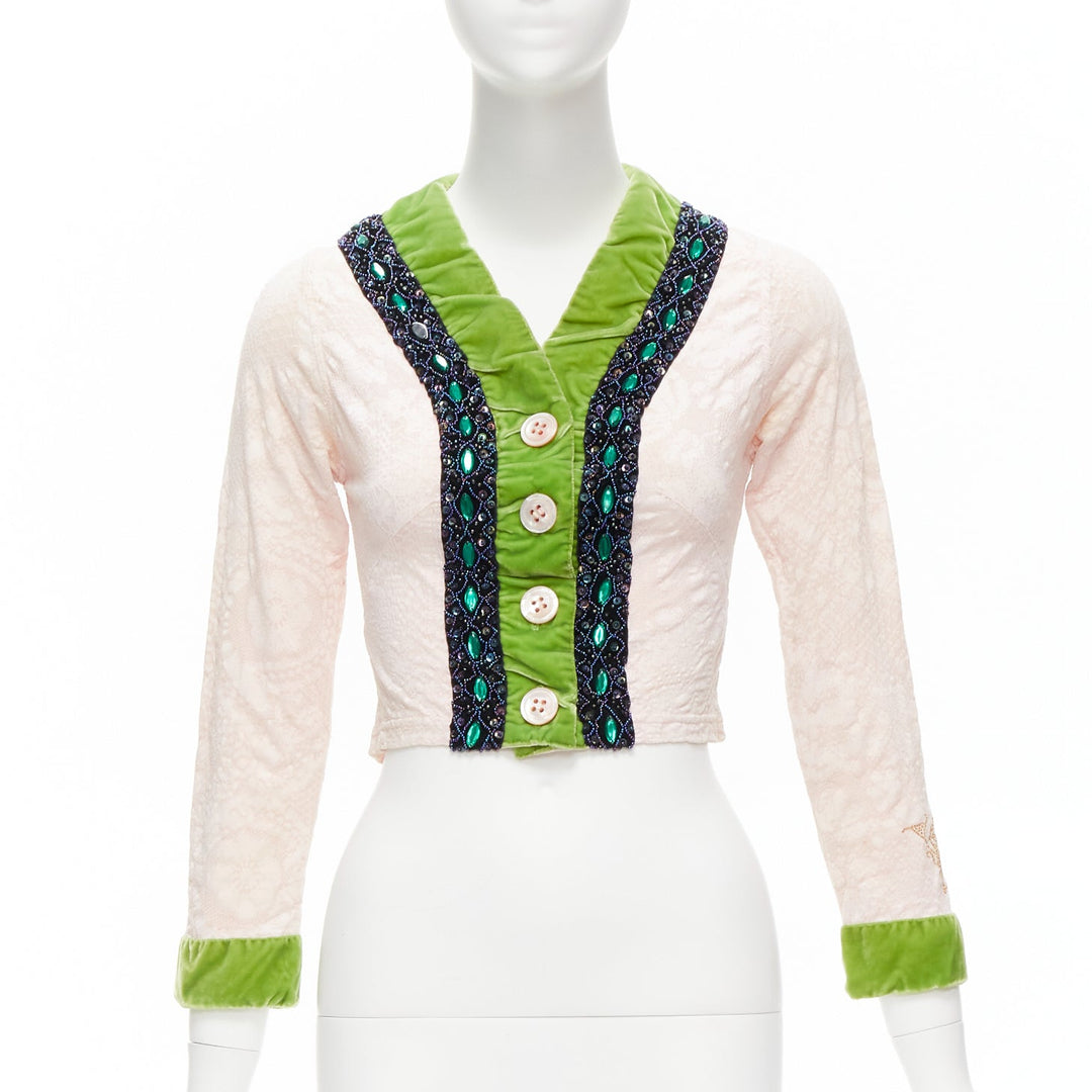 VOYAGE INVEST IN THE ORIGINAL LONDON green velvet pink lace beaded jacket M