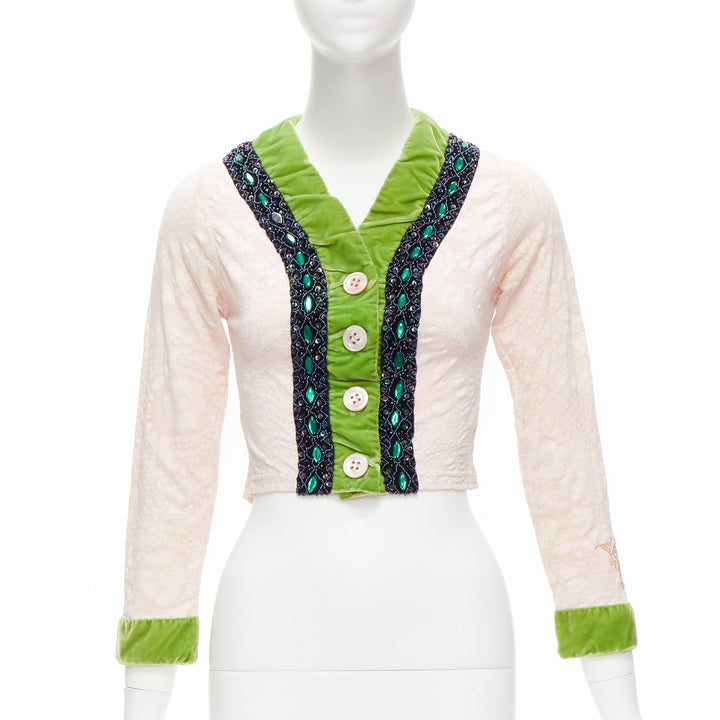 VOYAGE INVEST IN THE ORIGINAL LONDON green velvet pink lace beaded jacket M
