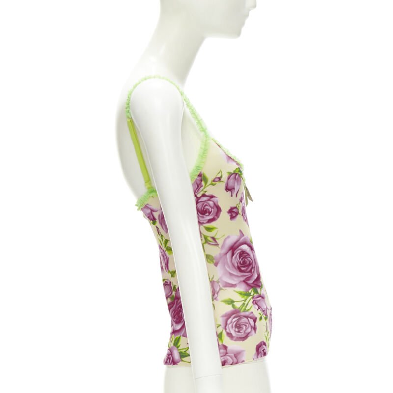 D&G DOLCE GABBANA Vintage Y2K pink rose green ruffle trim cami tank top XS