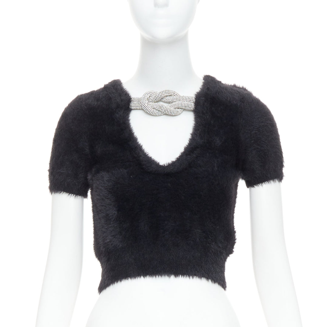ALEXANDER WANG Crystal Knot black fuzzy V0-neck cropped sweater XS