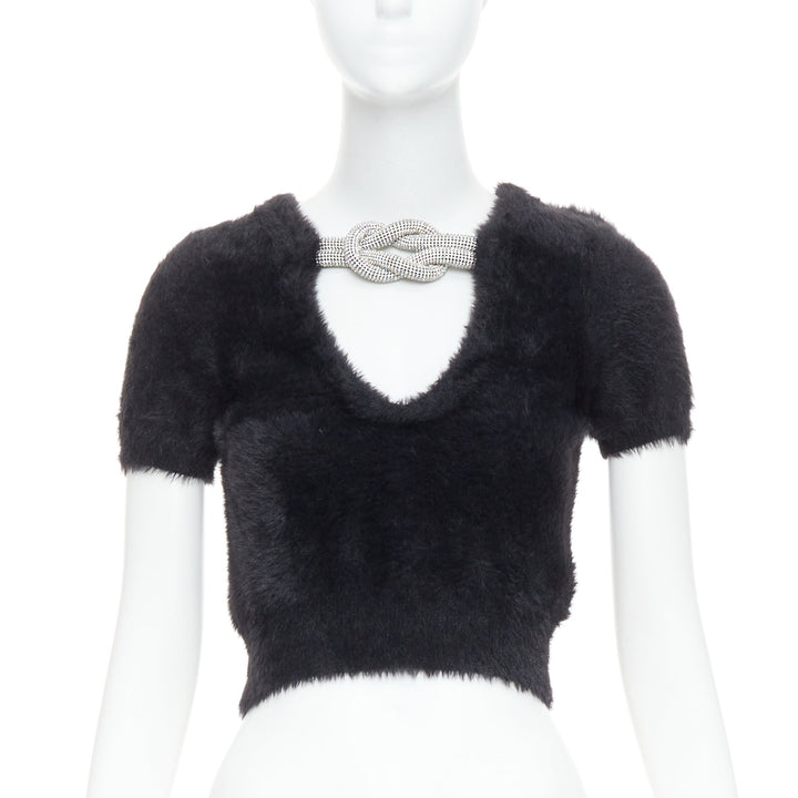 ALEXANDER WANG Crystal Knot black fuzzy V0-neck cropped sweater XS