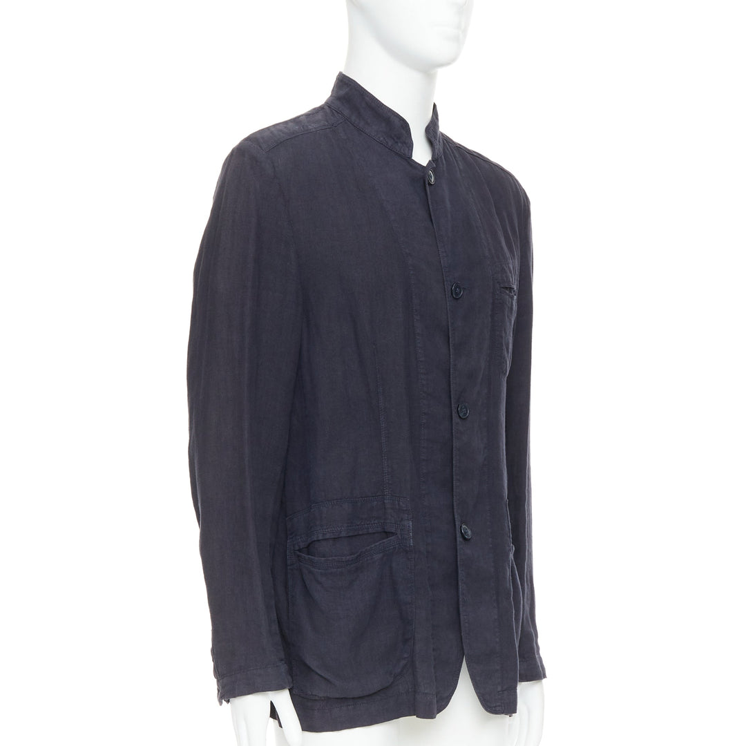 ERMENEGILDO ZEGNA navy linen 3 pockets stand collar light blazer IT48 M