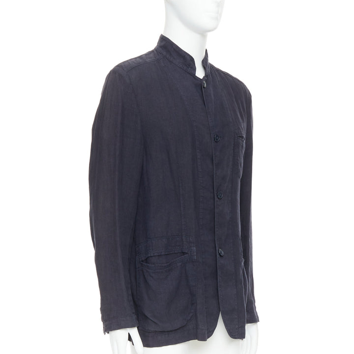 ERMENEGILDO ZEGNA navy linen 3 pockets stand collar light blazer IT48 M