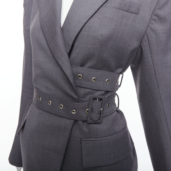 ROHK grey wool blend grommet double belted shoulder pad blazer FR36 S