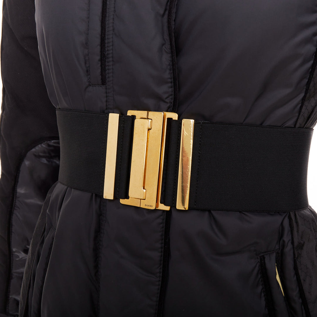 GUCCI 2009 black gold GG logo buckle belt long puffer coat IT38 XS