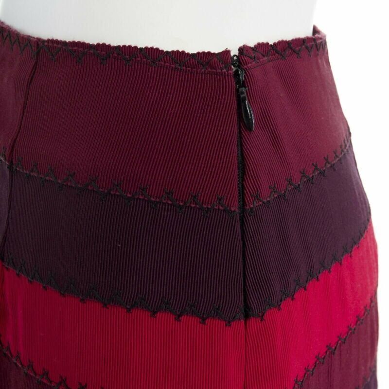 MARY KATRANTZOU red purple stripe ribbon overstitched fitted midi skirt UK8 26"