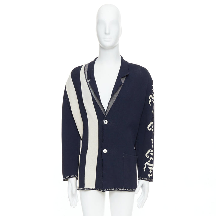 JEAN PAUL GAULTIER EQUATOR 1987 navy white heavy knit graphic jacket FR48 M