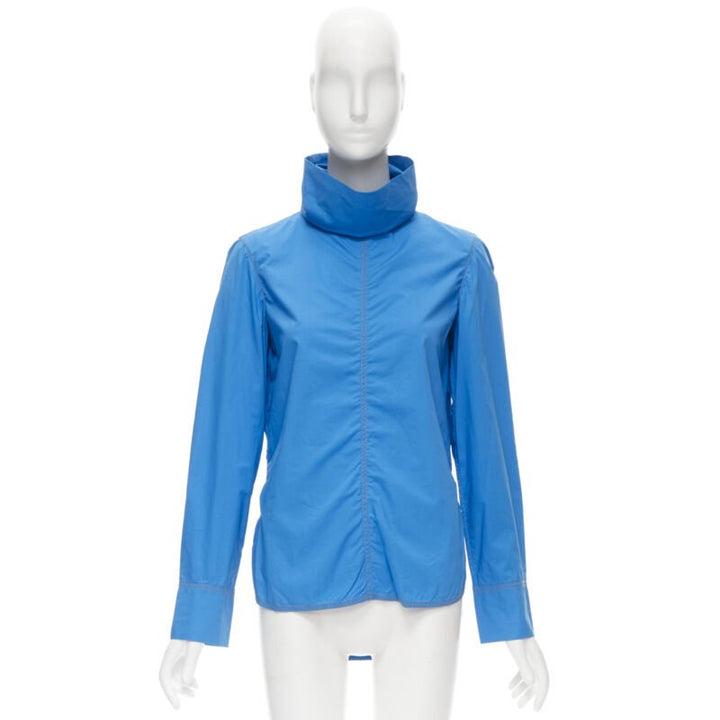 MARNI blue cotton overstitch funnel neck long sleeve curved hem shirt IT38 XS