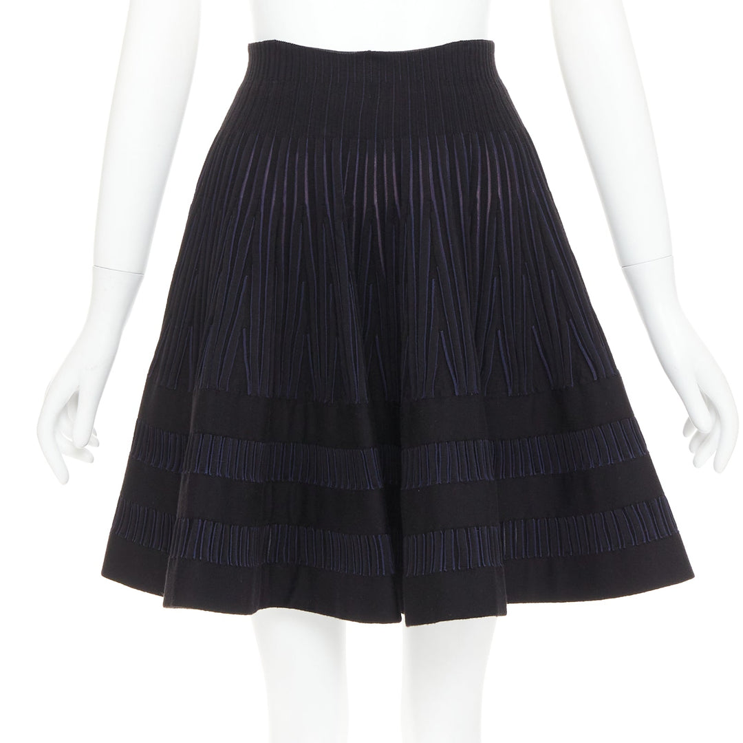 ALAIA navy black virgin wool silk blend high waist flared knitted skirt IT36 XXS