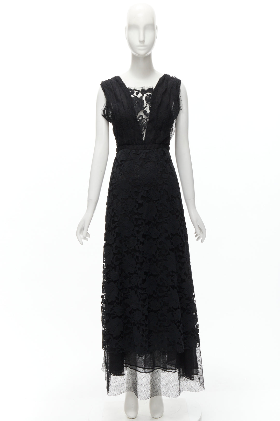 ADAM LIPPES black plunge illusion lace neckline empire waist layered gown US6 M