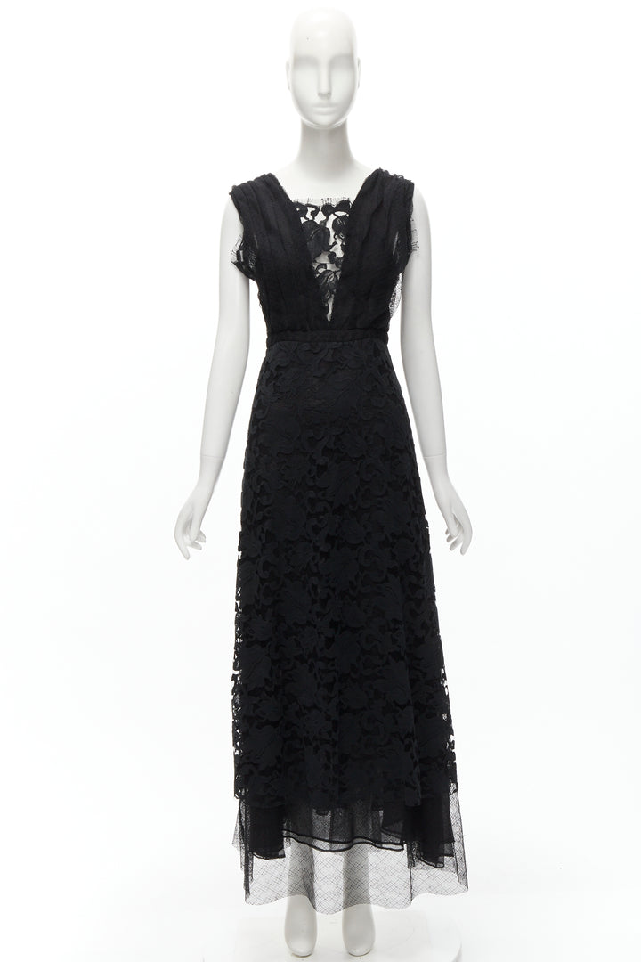 ADAM LIPPES black plunge illusion lace neckline empire waist layered gown US6 M