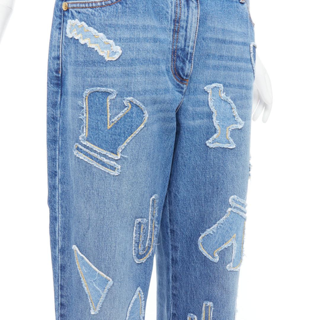 CHANEL 19A blue cotton hieroglyphics patch straight leg jeans FR40 L
