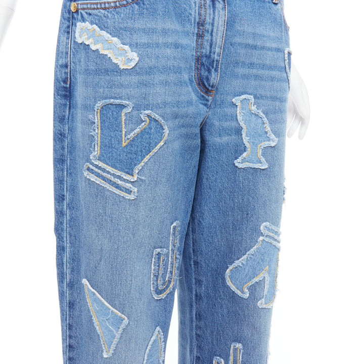 CHANEL 19A blue cotton hieroglyphics patch straight leg jeans FR40 L