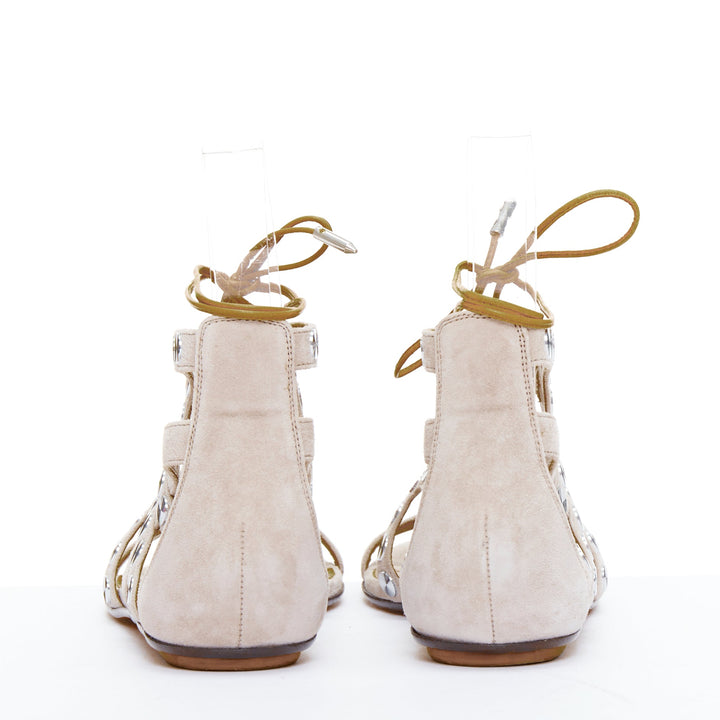 AQUAZZURA beige leather silver disc studded gladiator sandals EU36