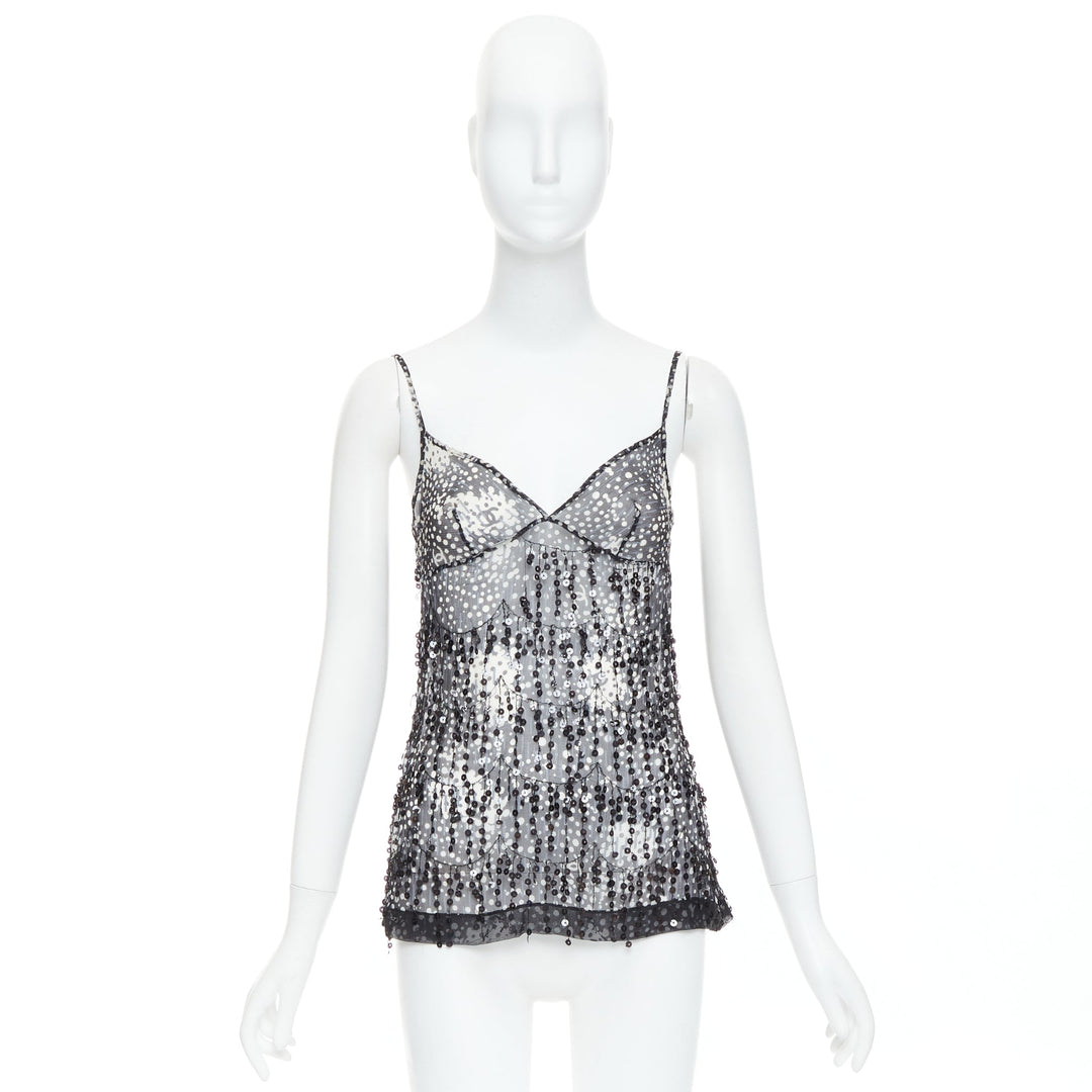 CHANEL 02A black grey sequin fringe applique sheer camisole FR38 M