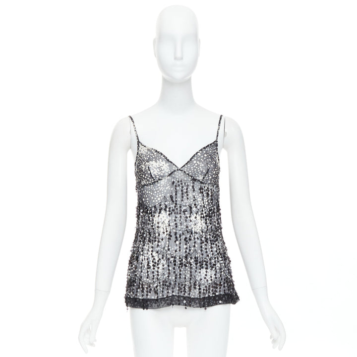 CHANEL 02A black grey sequin fringe applique sheer camisole FR38 M