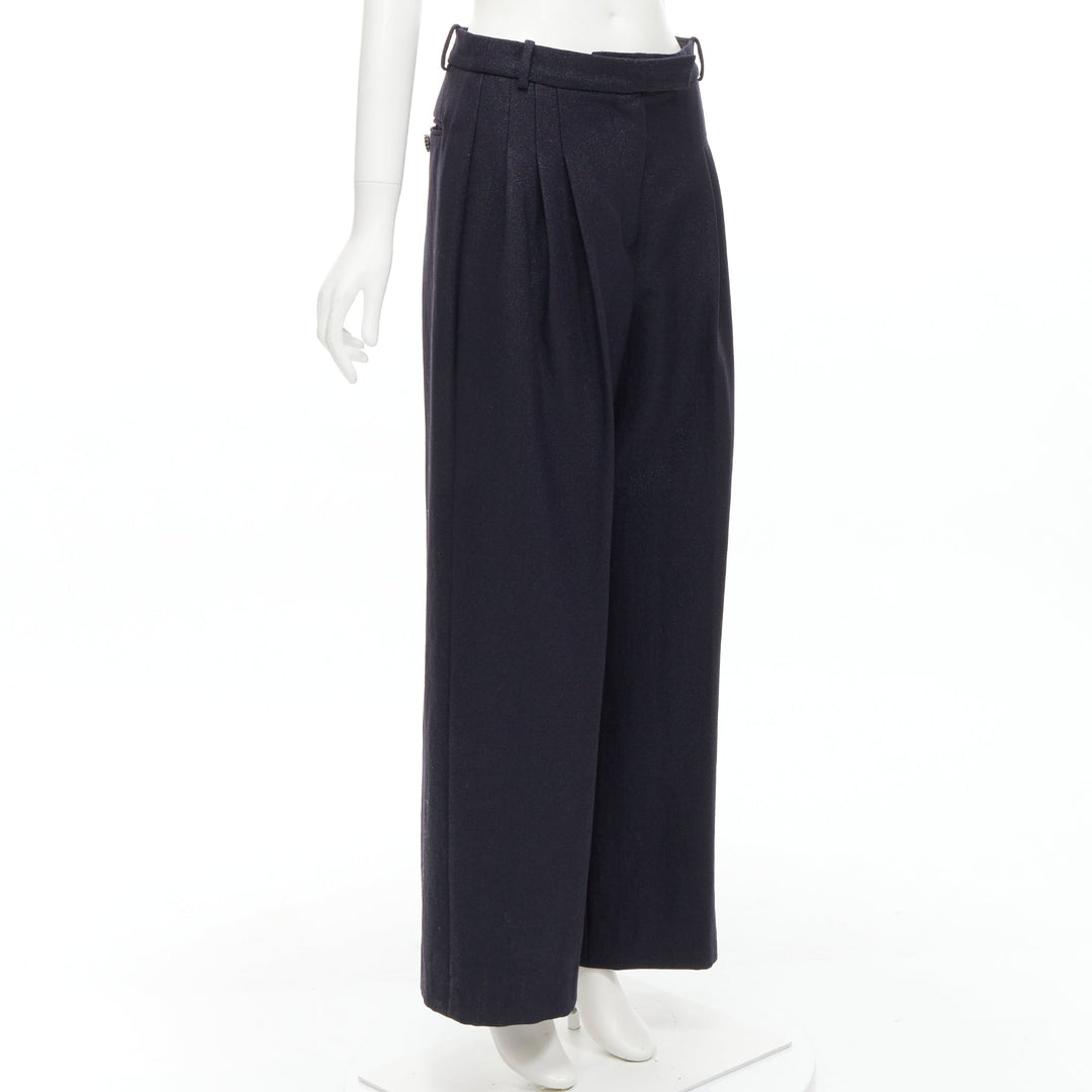 CHANEL  metallic black pleated front chain trimmed wide leg pants FR40 M
