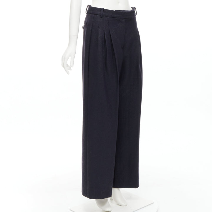 CHANEL  metallic black pleated front chain trimmed wide leg pants FR40 M