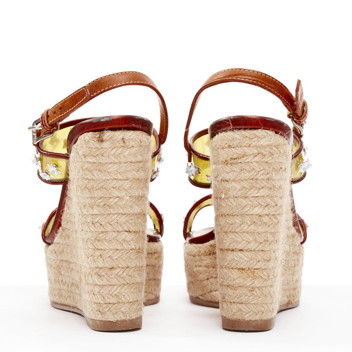 DIOR Raf Simons yellow PVC strap floral brown strap  jute wedges EU35.5