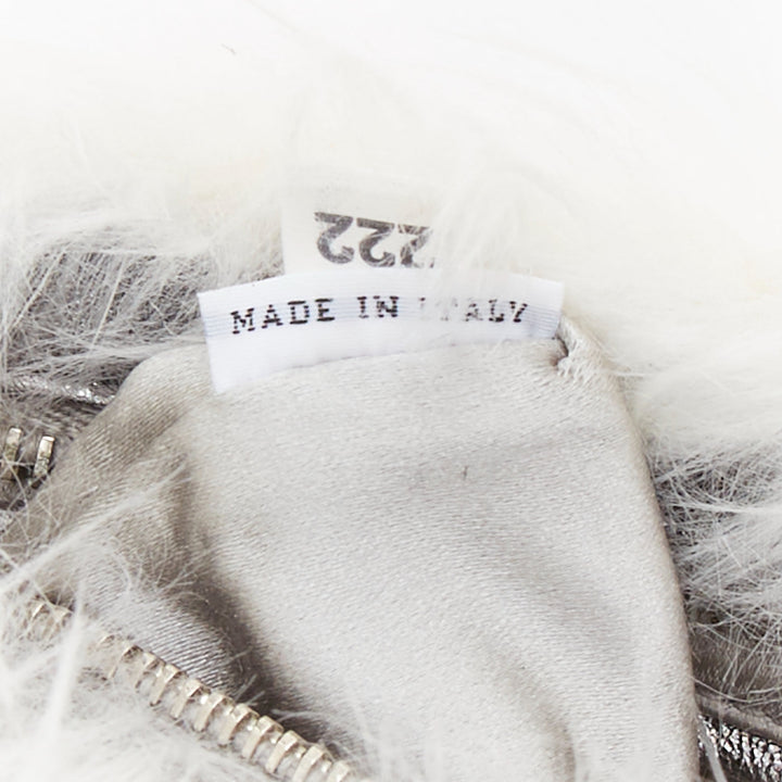 PRADA white faux fur silver triangle logo wristlet clutch bag