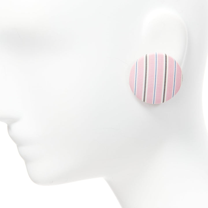 BALENCIAGA pink stripes fabric round badges studs earrings Set 3