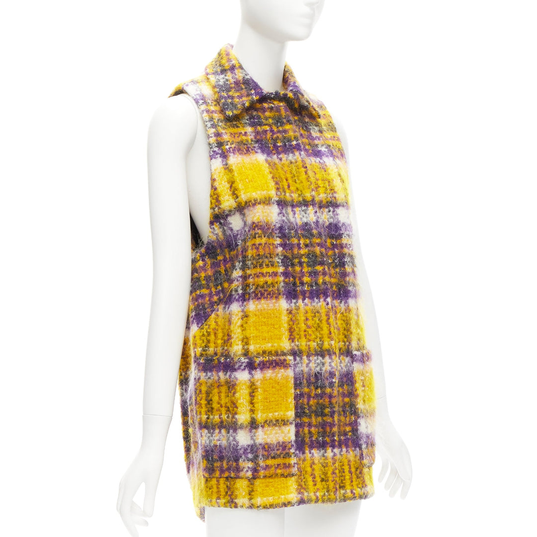 MARNI yellow purple plaid check mohair blend boxy sleeveless coat IT36 XS