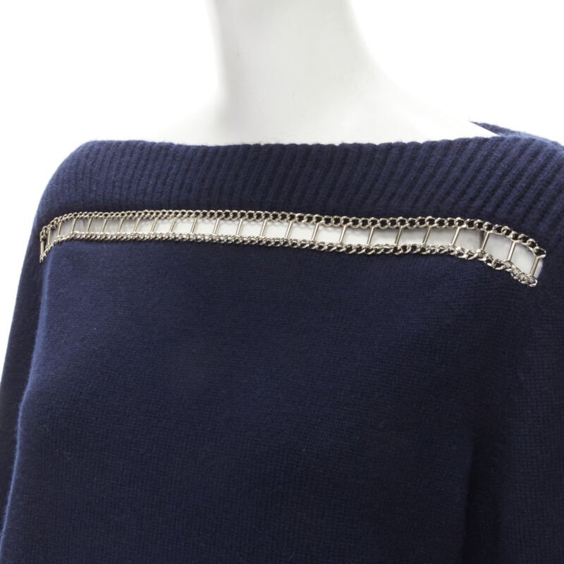 CHANEL 2020 Runway 100% cashmere navy gold chain trim boat neck sweater FR38