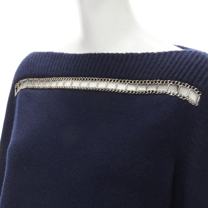 CHANEL 2020 Runway 100% cashmere navy gold chain trim boat neck sweater FR38