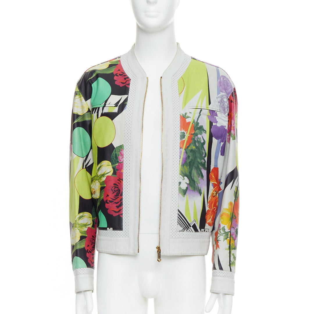 VERSACE 2013 Runway white leather geometric tropical print bomber IT50 L