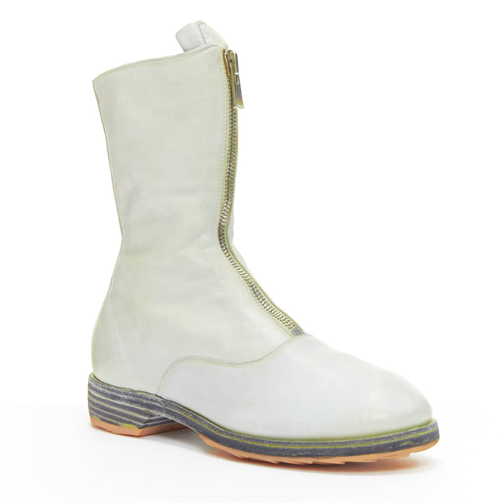 GUIDI light grey tumbled washed soft leather zip front boot EU37