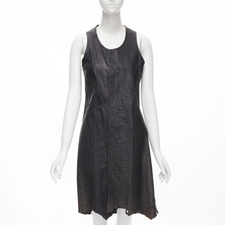 vintage JUNYA WATANABE 1992 black cow hide leather distressed raw cut dress M