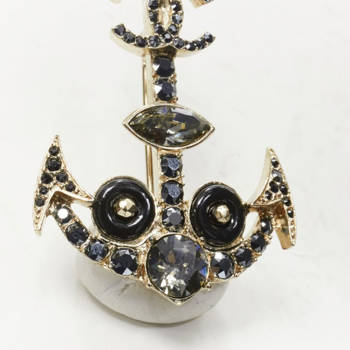 CHANEL Sailor Anchor navy black crystal rhinestone CC pin brooch
