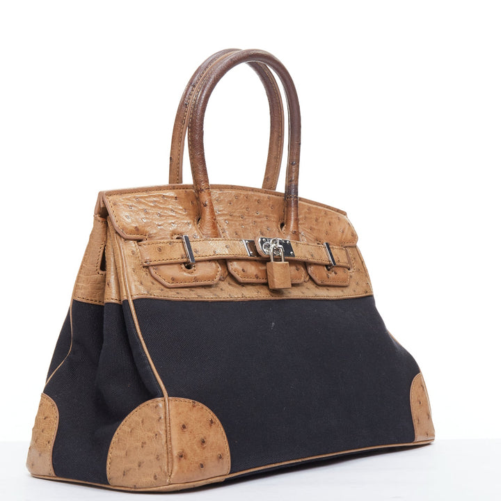 KP NEW YORK INC brown leather trim black canvas satchel tote bag