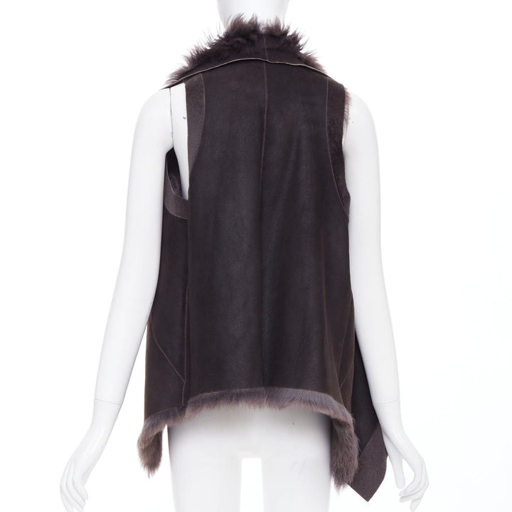 KARL DONOGHUE dark brown lambskin leather fur lined draped vest jacket XS