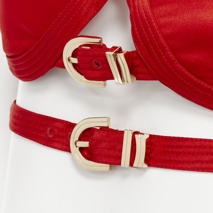 VERSACE 2019 Runway S&M Bondage Tribute red silk gold buckle bra top IT38 XS