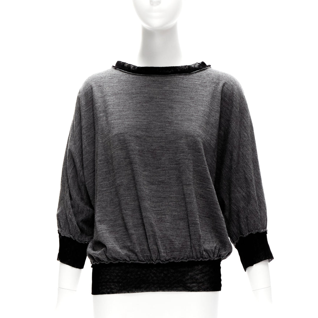LANVIN 2005 grey wool cashmere mesh trim bateau batwing sweater FR38 M