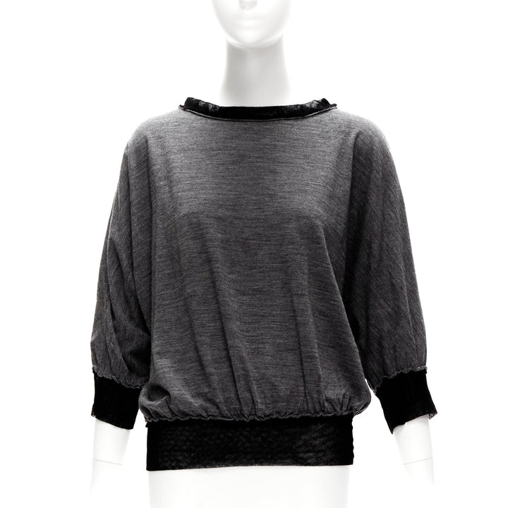 LANVIN 2005 grey wool cashmere mesh trim bateau batwing sweater FR38 M