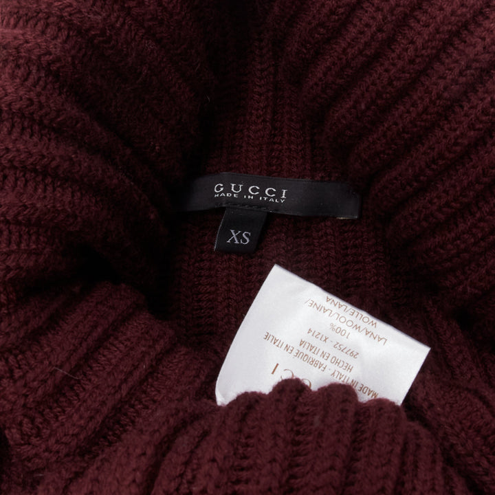 GUCCI 100% wool burgundy brown tie side drop sleeve turtleneck jumper IT38 XS
